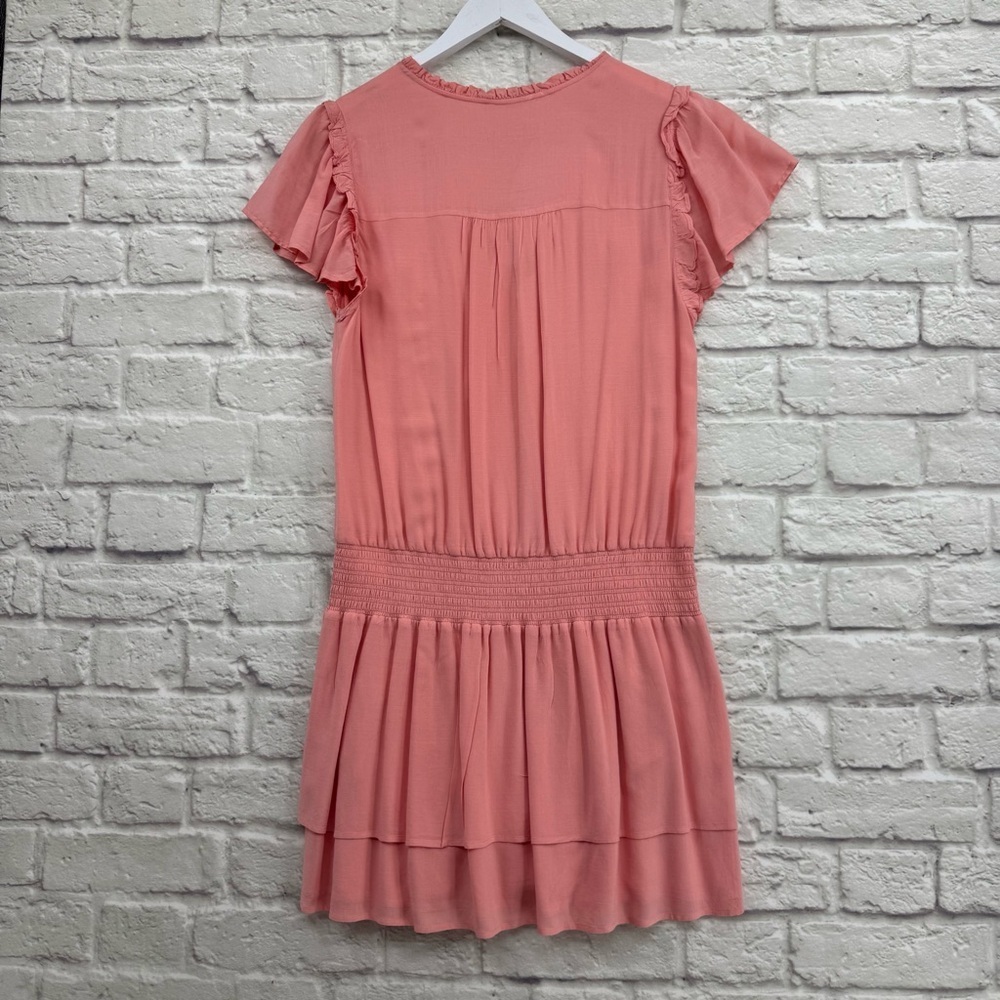 PAIGE Christina Smocked Tiered Ruffle Mini Dress Peach Tree Size L - Picture 6 of 16